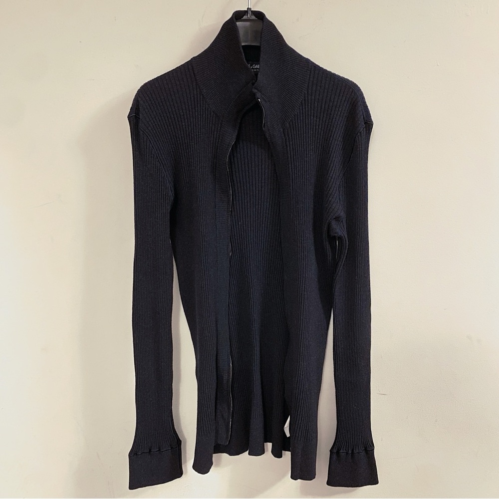 Dolce & Gabbana Dark Blue Ribbed Zip Up Cardigan Knitwear Sweater 56 Large